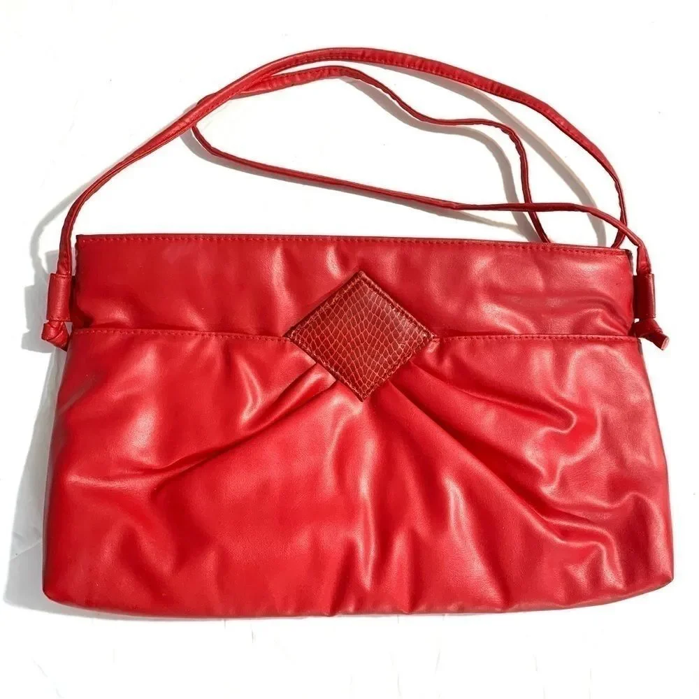 Vintage Purse Red Vegan Leather Clutch Shoulder Bag Special Occasion Grandma